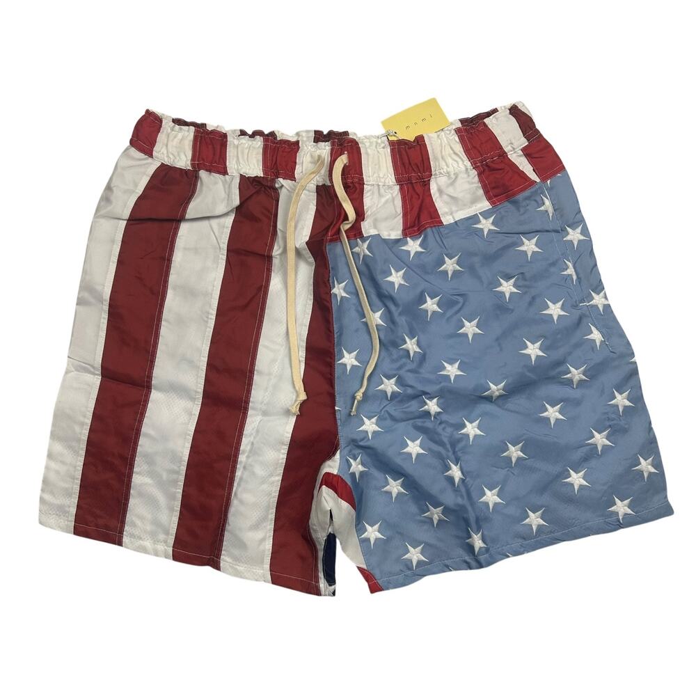 MNML Flag Shorts Mens XXL Red White Blue American USA Stars Stripes Swim Trunks